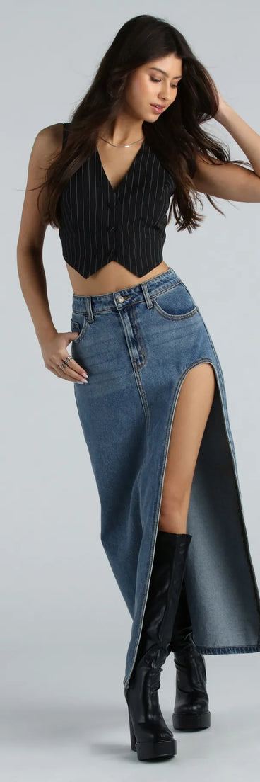 Sound The Alarm High Slit Denim Maxi Skirt