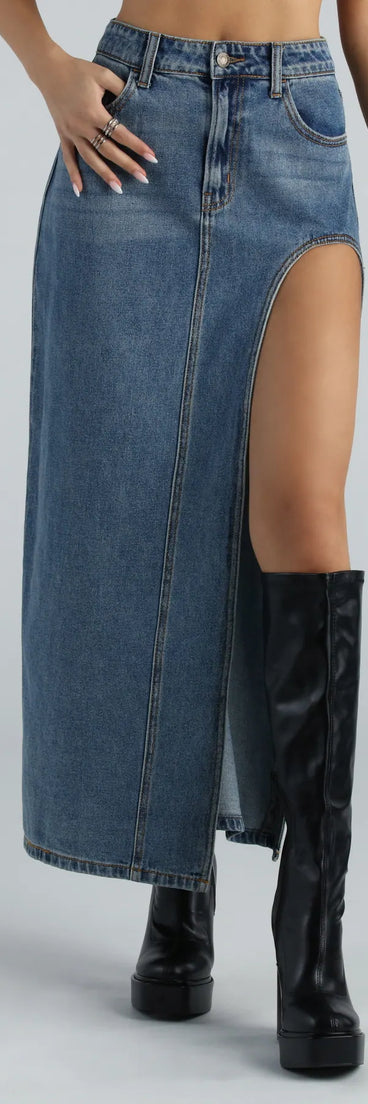 Sound The Alarm High Slit Denim Maxi Skirt