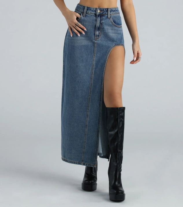 Sound The Alarm High Slit Denim Maxi Skirt | Windsor