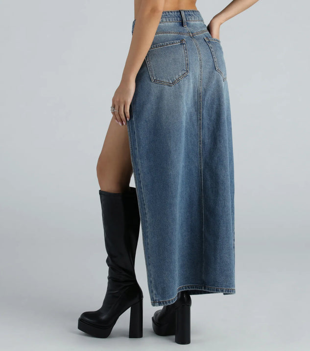 Sound The Alarm High Slit Denim Maxi Skirt | Windsor Sound The Alarm High Slit Denim Maxi Skirt | Windsor