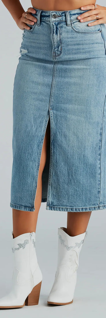 The denim wash and trendy design of the All That Denim Slit Midi Skirt is a chic fall piece for any wardrobe, versatile for everyday wear.