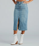 The denim wash and trendy design of the All That Denim Slit Midi Skirt is a chic fall piece for any wardrobe, versatile for everyday wear.
