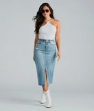The denim wash and trendy design of the All That Denim Slit Midi Skirt is a chic fall piece for any wardrobe, versatile for everyday wear.