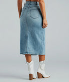 The denim wash and trendy design of the All That Denim Slit Midi Skirt is a chic fall piece for any wardrobe, versatile for everyday wear.