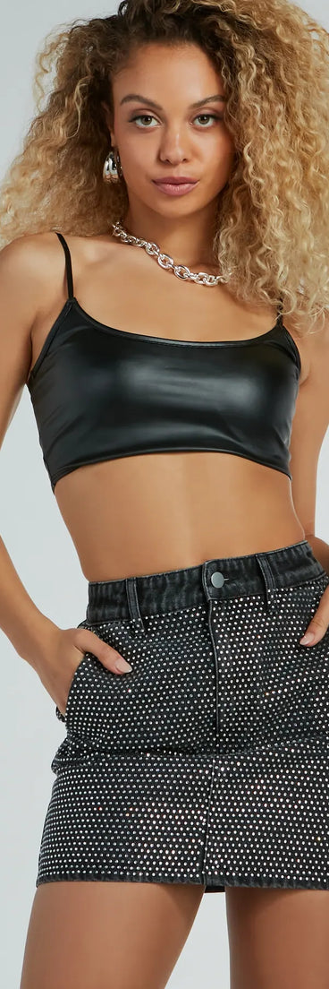 Edgy Era Rhinestone Denim Mini Skirt
