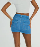 The Trendsetting Look Belted Denim Mini Skirt is a trendy women's bottom in medium denim wash, designed with modern details and alluring textures to complete chic outfits for 2025.