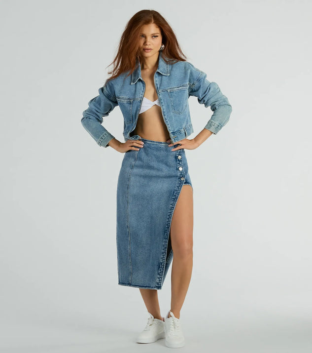 Fab Style Icon High Slit Denim Midi Skirt Windsor