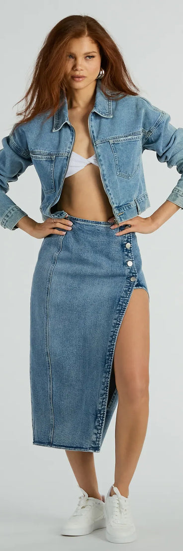 Fab Style Icon High Slit Denim Midi Skirt
