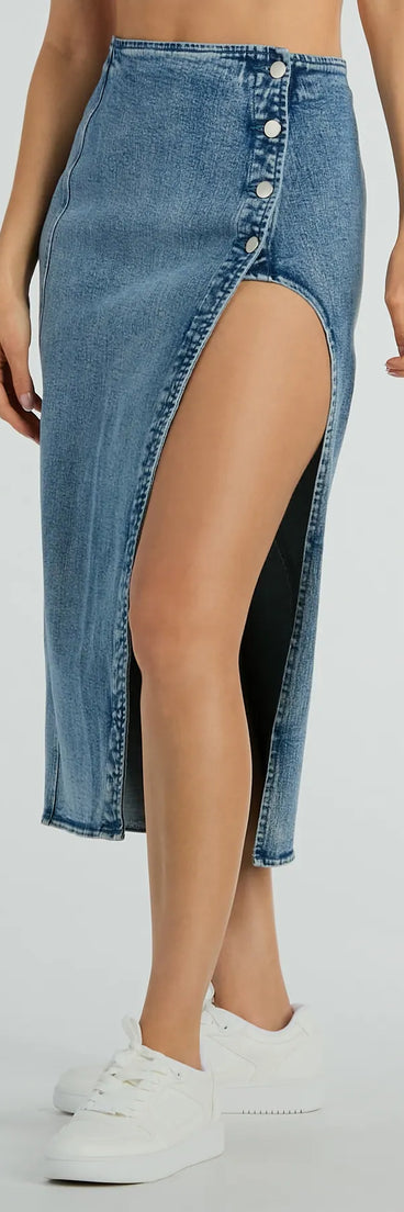 Fab Style Icon High Slit Denim Midi Skirt