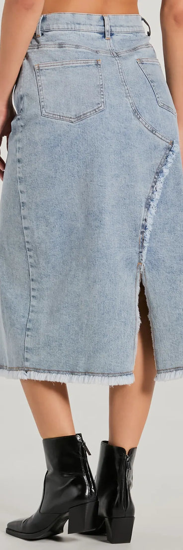 The denim wash and trendy design of the Cool Composure High-Rise Frayed Slit Denim Midi Skirt is a chic fall piece for any wardrobe, versatile for everyday wear.