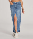 The denim wash and trendy design of the Coolest Vibe High Slit Denim Maxi Skirt is a chic fall piece for any wardrobe, versatile for everyday wear.