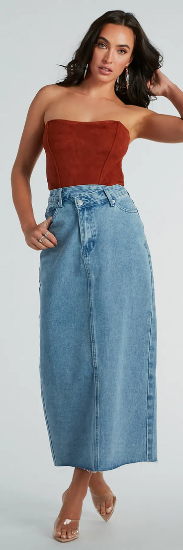 Girl Next Door Asymmetrical Waist Denim Midi Skirt
