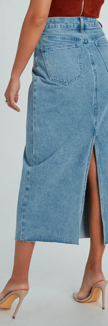 Girl Next Door Asymmetrical Waist Denim Midi Skirt