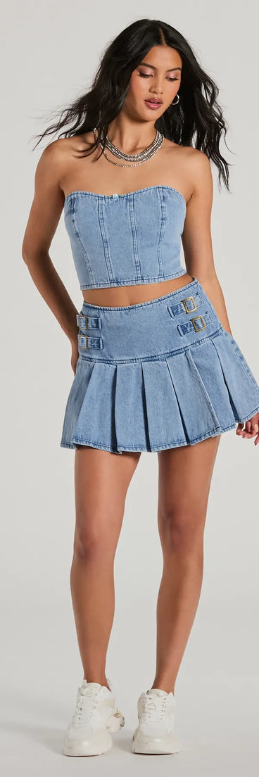 Flirty Duo High-Rise Buckle Pleated Denim Mini Skirt