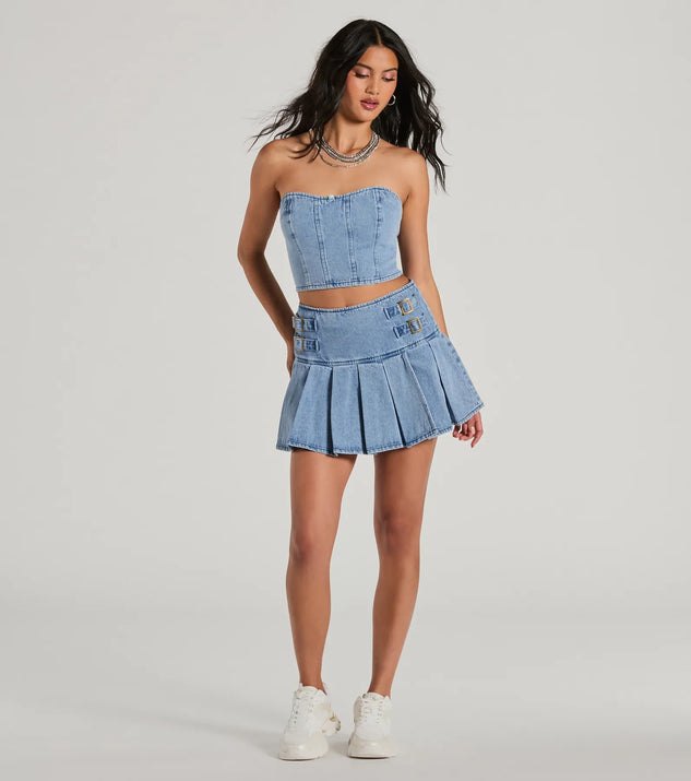 Flirty Duo High-Rise Buckle Pleated Denim Mini Skirt | Windsor