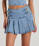 Flirty Duo High-Rise Buckle Pleated Denim Mini Skirt