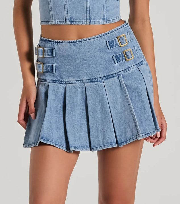 Flirty Duo High-Rise Buckle Pleated Denim Mini Skirt | Windsor