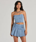 Flirty Duo High-Rise Buckle Pleated Denim Mini Skirt