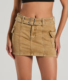Create bold, fashion-forward looks for spring or summer with the Top Of The Trends Belted Cargo Mini Skirt in khaki, a must-have piece from Windsor’s collection of stylish bottoms for women.