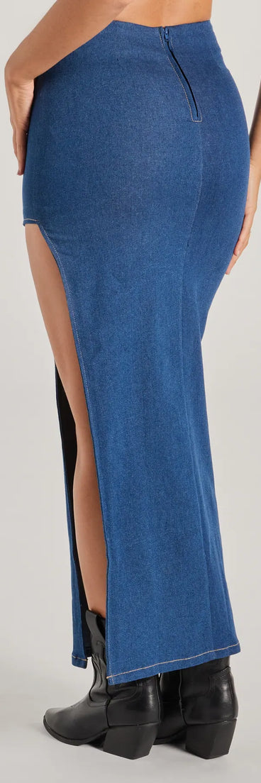 Trendy Match High Rise Slit Denim Maxi Skirt
