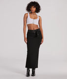 The Exceptionally Cool High-Rise Belted Denim Maxi Skirt is a trendy women's bottom in black, designed with modern details and alluring textures to complete chic outfits for 2025.