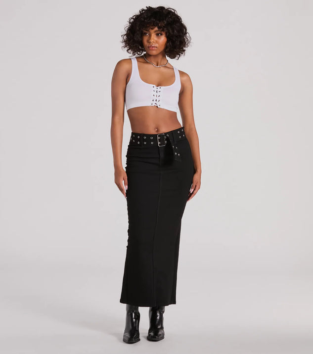 The Exceptionally Cool High-Rise Belted Denim Maxi Skirt is a trendy women's bottom in black, designed with modern details and alluring textures to complete chic outfits for 2025.