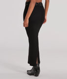 The Exceptionally Cool High-Rise Belted Denim Maxi Skirt is a trendy women's bottom in black, designed with modern details and alluring textures to complete chic outfits for 2025.