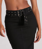 The Exceptionally Cool High-Rise Belted Denim Maxi Skirt is a trendy women's bottom in black, designed with modern details and alluring textures to complete chic outfits for 2025.