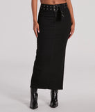 The Exceptionally Cool High-Rise Belted Denim Maxi Skirt is a trendy women's bottom in black, designed with modern details and alluring textures to complete chic outfits for 2025.