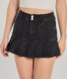 Create bold, fashion-forward looks for summer with the Sweetly Trendy High-Rise Pleated Denim Mini Skirt in black, a must-have piece from Windsor’s collection of stylish bottoms for women.