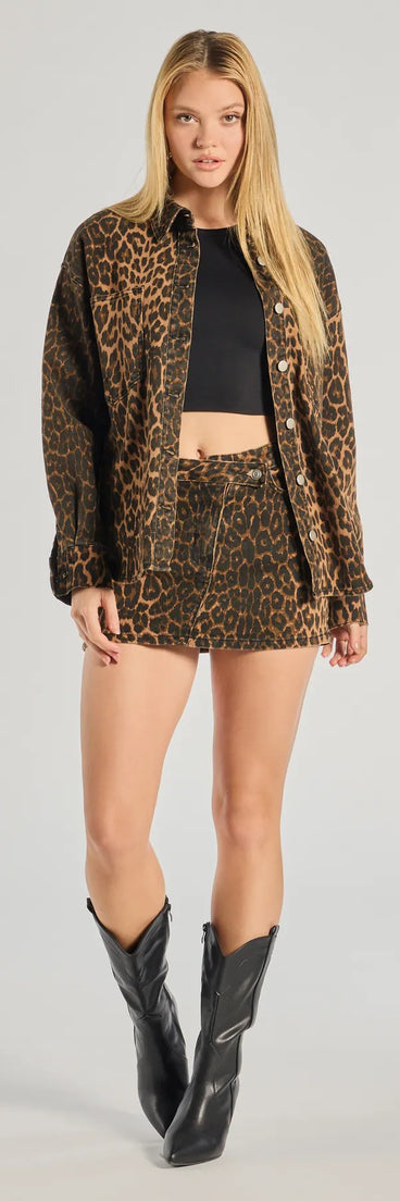 Effortlessly create party outfits or vacation-ready looks with the Feeling Fierce Leopard Print Denim Mini Skirt, one part of a versatile women's leopard print matching set perfect for quick and easy outfit combinations from layering chic outfits to transitioning your look seamlessly.
