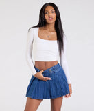 Perfect for weekend hangs, late-night pics, and everything in between, the Treat Yourself Mid-Rise Pleated Denim Mini Skirt in denim blue brings that cool-girl vibe to any fit check.