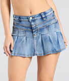 The So Perfect Mid-Rise Pleated Denim Mini Skirt is a trendy women's bottom in denim, designed with modern details and alluring textures to complete chic outfits for 2025.