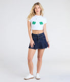 Create bold, fashion-forward looks for spring or summer with the Pleated Princess High Rise Denim Mini Skirt in dark denim wash, a must-have piece from Windsor’s collection of stylish bottoms for women.
