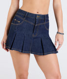 The Pleated Princess High Rise Denim Mini Skirt in dark denim wash brings edge and energy to your vibe, ready to elevate any festival look or concert outfit.