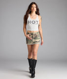 Perfect for weekend hangs, late-night pics, and everything in between, the Cool In Camo Mid-Rise Denim Skirt in olive green brings that cool-girl vibe to any fit check.