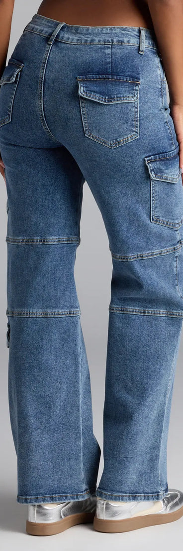 Elevate everyday looks with the Street Style Straight-Leg Cargo Denim Jeans, a sleek pair of medium denim wash jeans designed for comfort, shape, and style.
