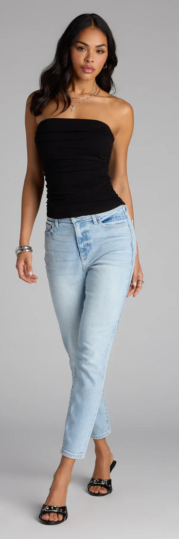 Stay polished and comfortable in the Sculpt And Serve High-Rise Skinny Denim Jeans, trendy light blue pants for women that transition from everyday looks to weekend slay.