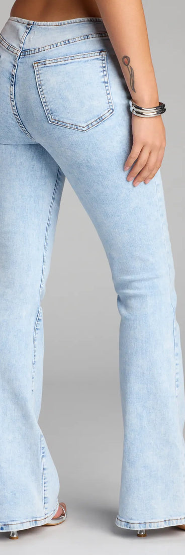 Style up your rotation with the Retro Vibes Only Mid Rise Flare Denim Jeans, trendy light blue jeans made to anchor every outfit with attitude and ease.