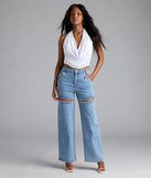 Complete your summer wardrobe with the So Obsessed Rhinestone Cutout Straight Leg Denim Jeans, trendy women's jeans in light blue made to mix, match, and stand out.