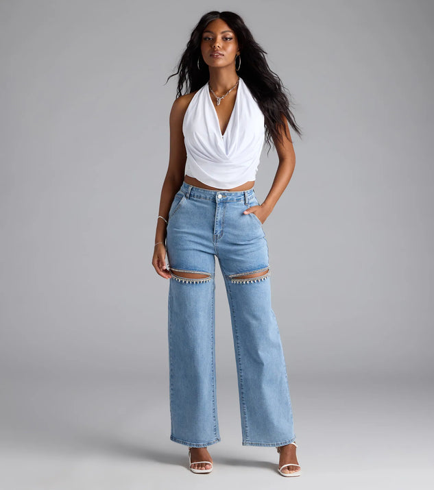 Complete your summer wardrobe with the So Obsessed Rhinestone Cutout Straight Leg Denim Jeans, trendy women's jeans in light blue made to mix, match, and stand out.