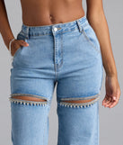 Complete your summer wardrobe with the So Obsessed Rhinestone Cutout Straight Leg Denim Jeans, trendy women's jeans in light blue made to mix, match, and stand out.