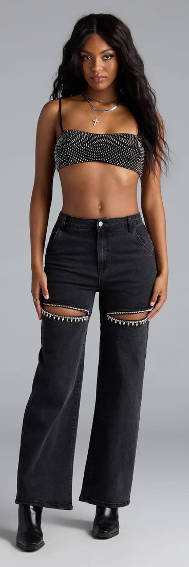 Upgrade your seasonal wardrobe with the So Obsessed Rhinestone Cutout Straight Leg Denim Jeans, trendy women's jeans in black made to mix, match, and stand out.