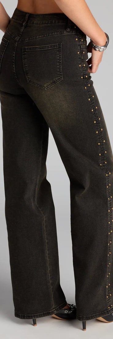 Style up your rotation with the Studded and Snatched Straight Leg Denim Jeans, trendy black jeans made to anchor every outfit with attitude and ease.