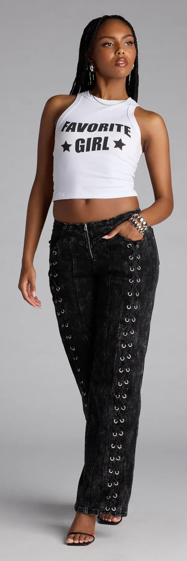 Style up your rotation with the Dial Up Drama Mid-Rise Lace Up Denim Jeans, trendy black jeans made to anchor every outfit with attitude and ease.