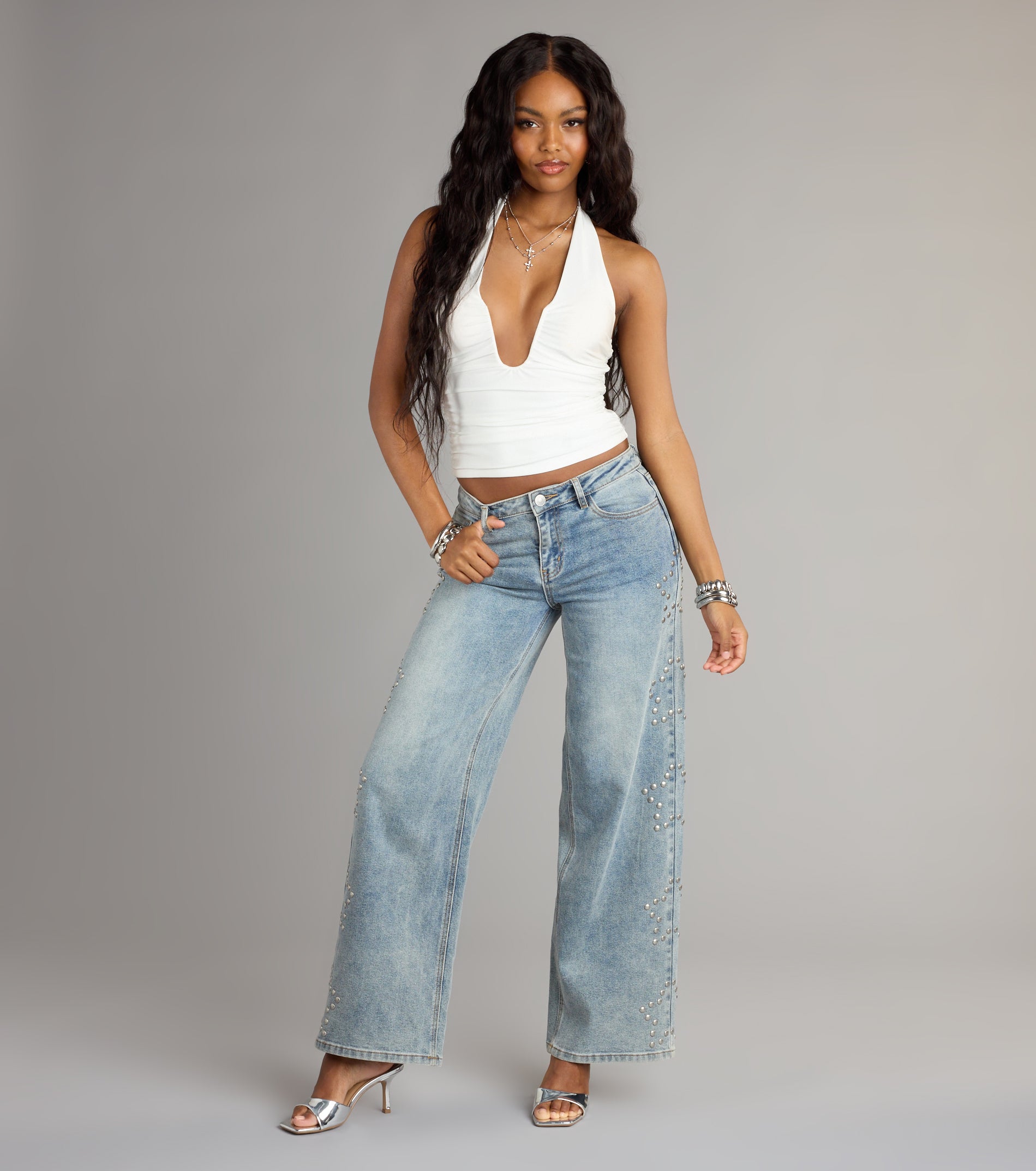 Starry Eyed Studded Wide Leg Denim Jeans | Windsor