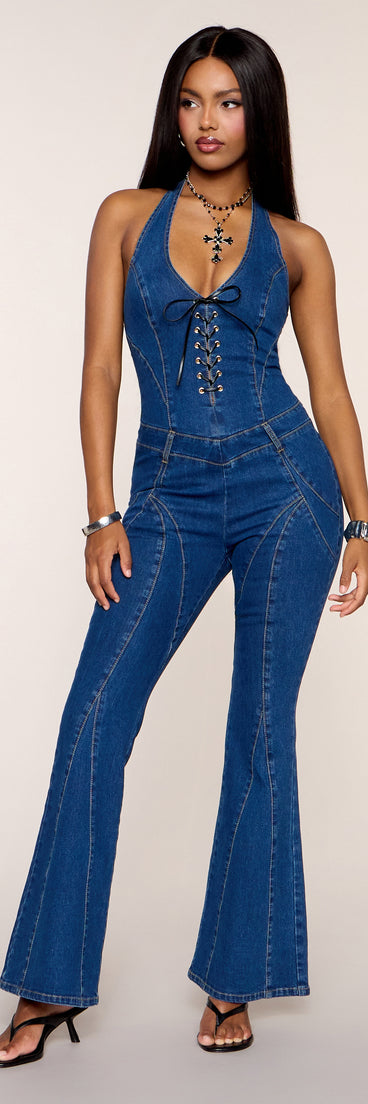 'Fit Check Denim Halter Lace-Up Jumpsuit