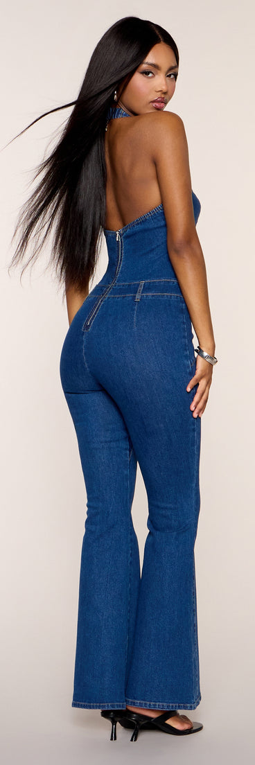 'Fit Check Denim Halter Lace-Up Jumpsuit