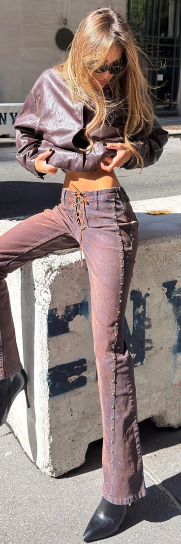 Edge Effect Studded Lace-Up Flare Jeans