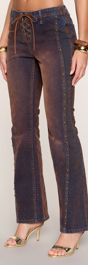 Edge Effect Studded Lace-Up Flare Jeans